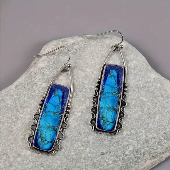 Blue Geometric Retro Bohemian Style Dangle Earrings - Picture 1 of 3